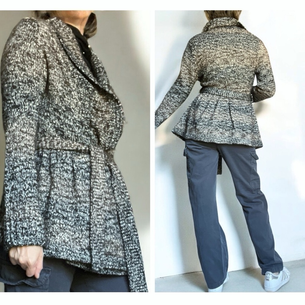 525 America Ombre Peplum Belted Wrap Cardigan Sweater Black Gray Wool Blend Sm